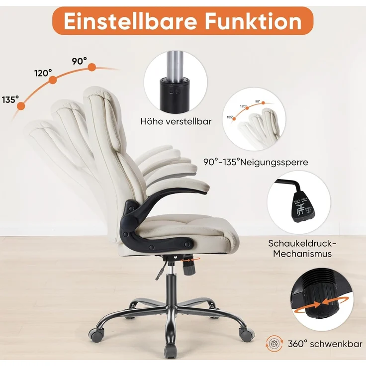 Sweetcrispy Chefsessel PU Leder Bürostuhl Ergonomisch, Schreibtischstuhl mit Hochklappbaren Armlehnen, Ergonomischer Computerstuhl mit Hoher Rückenlehne, Gaming PC Drehstuhl für Arbeit Ruhe, Weiß – Bild 4