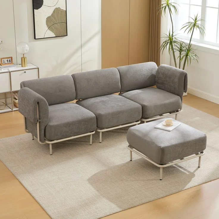 Sofa mit Hocker, 251 x 155 x 78 cm, Sitzfläche 215x63 cm, graues Chenille, modular stellbar