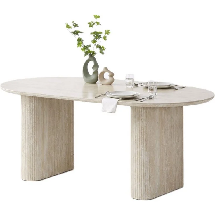 HOOZ Wohnzimmertisch Esstisch oval modern Keramikplatte Traventin-Optik Säule Mond 180x90cm (Set, 1× Esstisch), Keramik-Tischplatte, verschiedene Varianten, pflegeleicht & stabil – Bild 1
