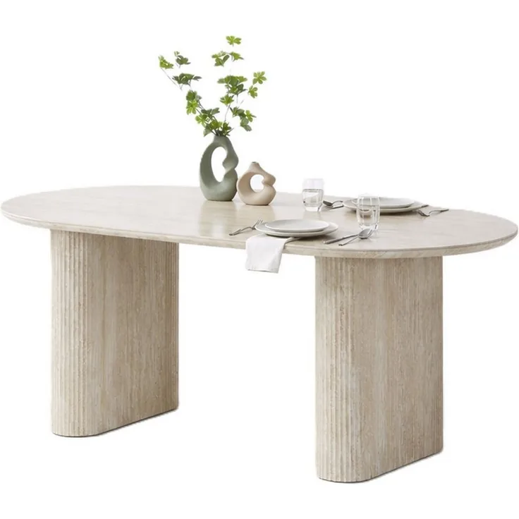 HOOZ Wohnzimmertisch Esstisch oval modern Keramikplatte Traventin-Optik Säule Mond 180x90cm (Set, 1× Esstisch), Keramik-Tischplatte, verschiedene Varianten, pflegeleicht & stabil