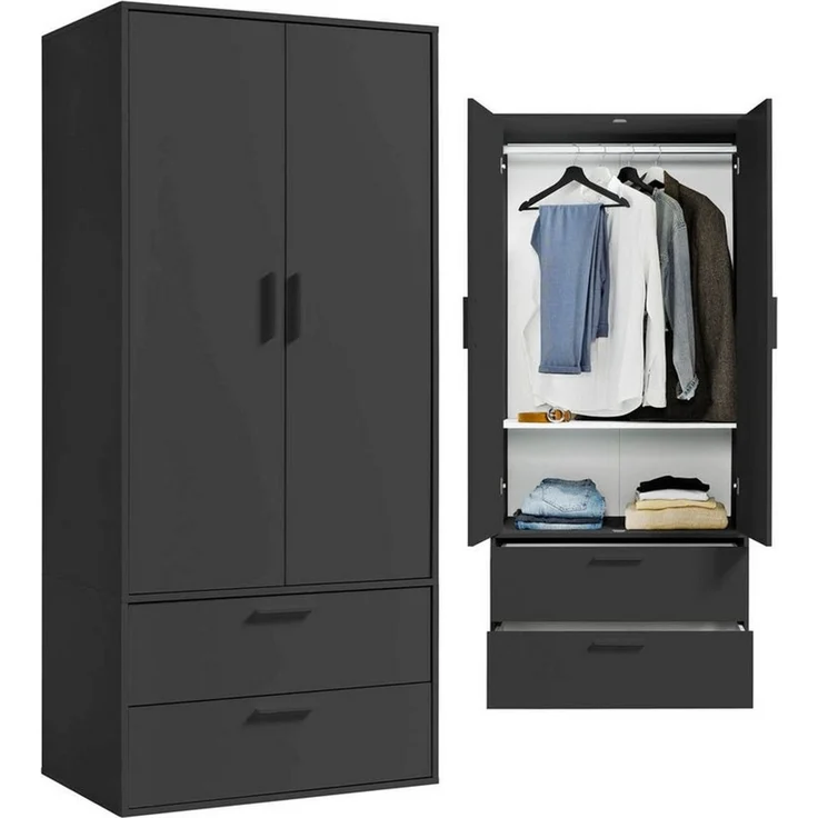 mokebo Kleiderschrank Der Kleiderheld (80x180x51 cm, 2-türig, 2 Schubladen & 2 Einlegeböden) Garderobenschrank, Schlafzimmerschrank oder Schrank in Schwarz – Bild 5