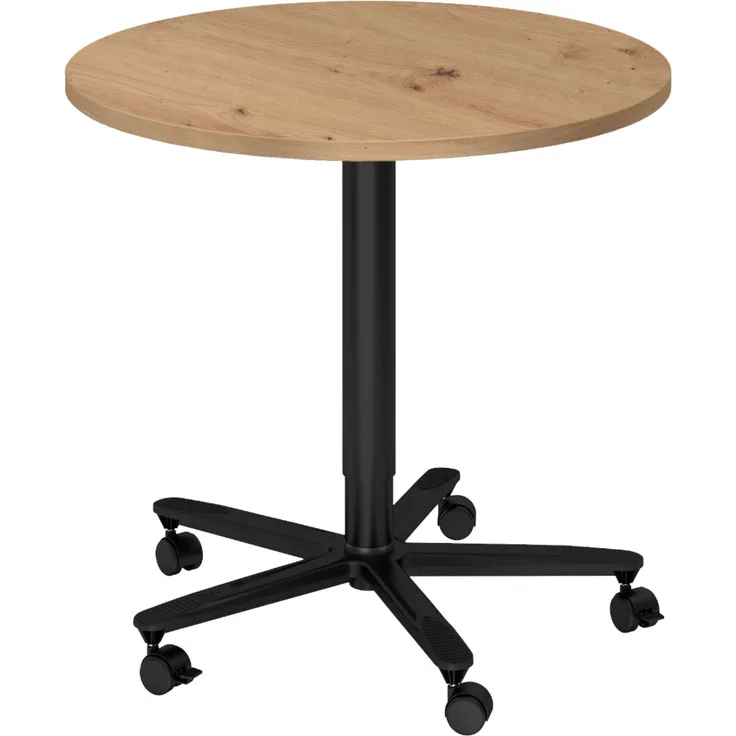 bümö Säulenhubtisch höhenverstellbar, Stehtisch Büro, Bistrotisch rund 80 x 80 cm - Besprechungstisch Asteiche, Stehtisch Holz-Platte, Säule aus Metall in schwarz, Säulentisch, Hochtisch, ST08-R-D
