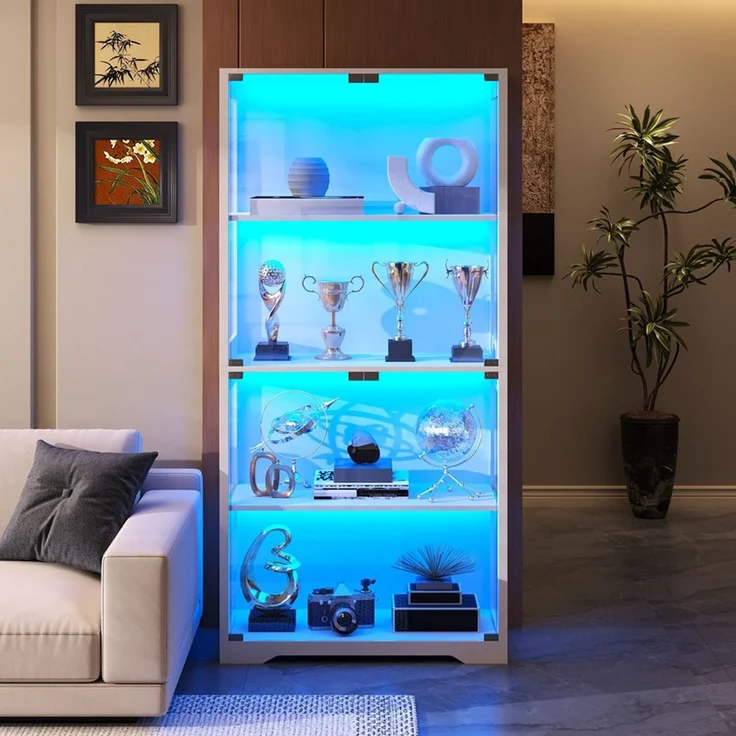Glasvitrine 80x35x165 cm, 4-stöckige Vitrine mit LED-Beleuchtung, Bewegungssensor und Pop-up-Glastüren, Weiß – Bild 2