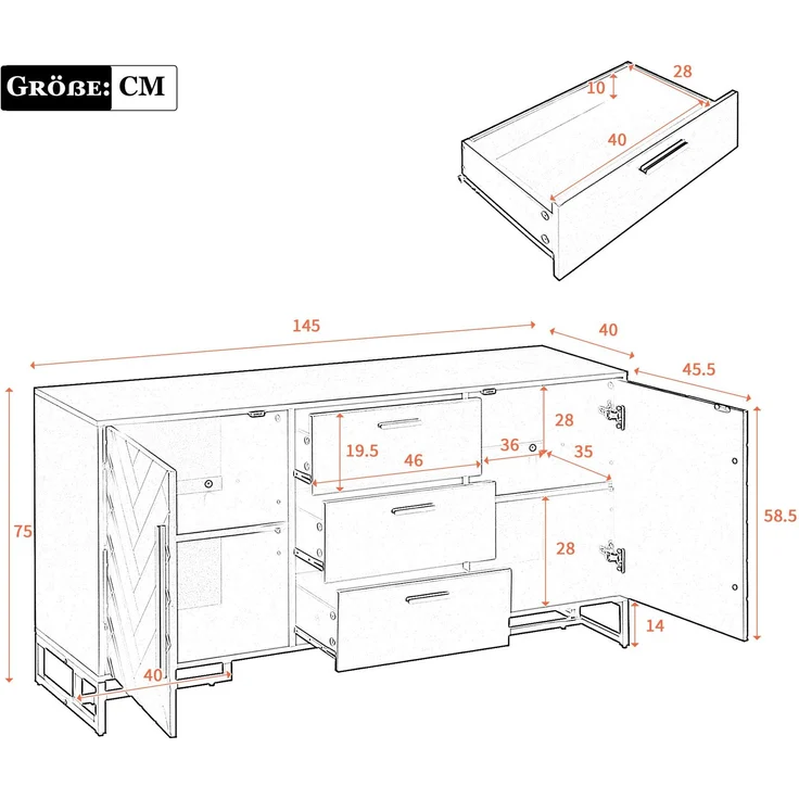 Merax Kommode, Schwarzes elegantes Sideboard mit Fischgrätenmuster, mit 2 Türen und 3 Schubladen für Esszimmer, Küche und Wohnzimmer – Bild 4