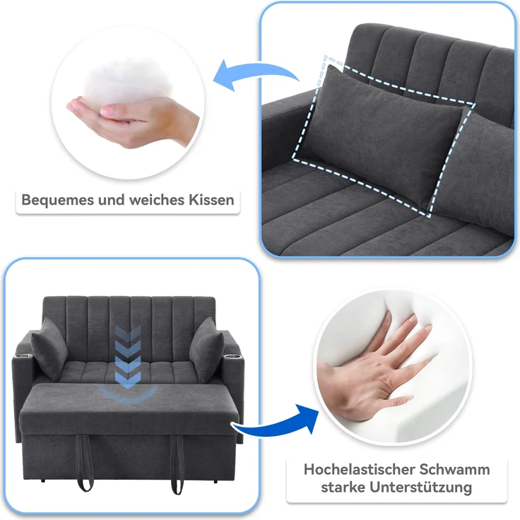 Multifunktions Schlafsofa mit 3-fach Rückenlehne & Getränkehalter, Baumwoll-Leinen, 136x162x84 cm, Grau – Bild 9