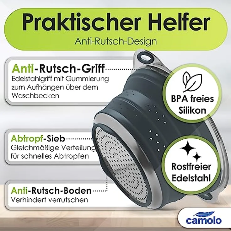Camolo Nudelsieb Abtropfsieb Sieb Küchensieb Faltbar Klappbar, Silikon, Edelstahl – Bild 5