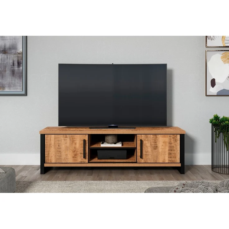 trendteam smart living - Enna - TV-Schrank - Mango/Schwarz - TV-Lowboard mit 2 Türen, 2 offene Fächer und 3 Einlegeböden - (BxHxT) 166 x 50 x 45 cm - Wohnzimmermöbel für Fernseher bis 65" – Bild 5