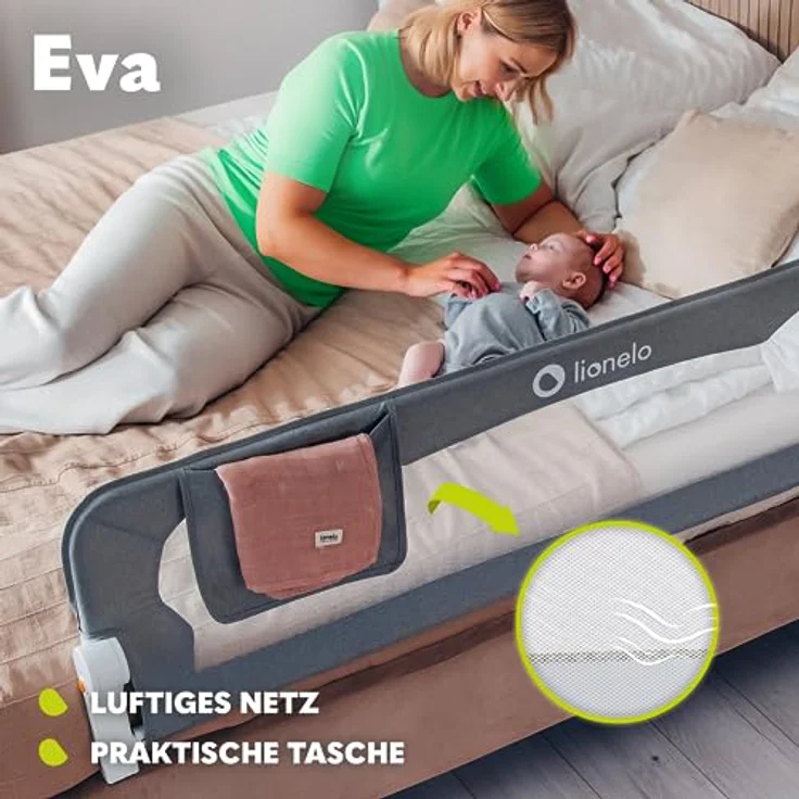 lionelo Bettschutzgitter Eva (TOP, Zwei Sicherheitsgurte, Neigungsverstellung, einfache Montage), Einfache Montage, Zusammenklappbar um 180 Grad, Robuste Konstruktion – Bild 7