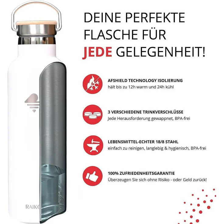 RAIKOU Isolierflasche Edelstahl Trinkflasche Vakuumisolierte Wasserflasche Thermoflasche, bis zu 12H heiß / 24H kalt,mit 2 Deckel,350ml/500ml/750ml/1000ml – Bild 3