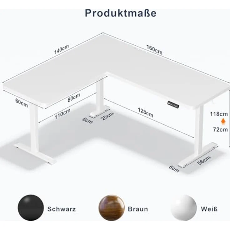 JUMMICO Höhenverstellbarer Schreibtisch L-förmig mit 3 Speicherhöhen & Kabelmanagement, 160x140 cm Eckschreibtisch Höhenverstellbar, Ergonomischer Computertisch für Homeoffice & Gaming, Weiß – Bild 2