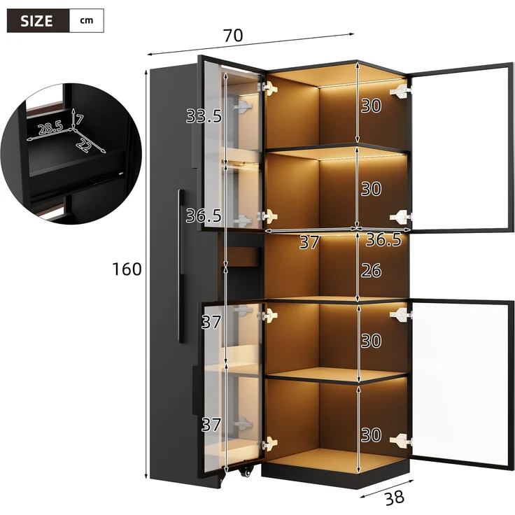 Vitrinenschrank 70 x 38 x 160 cm in Schwarz mit Glasfront, Ausziehregalen und LED-Beleuchtung – Bild 5