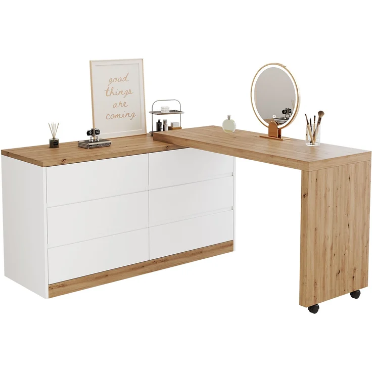 ZUBALIYA Schreibtisch mit feststellbaren Rollen – multifunktionales Design, 4 cm dickere, drehbare Tischplatte, fest arretierbar, weiß/Eiche, Faltbarer Schreibtisch, Eckschreibtisch, Sideboard,Dicke Materialie – Modell N880P4642189O – Bild 10