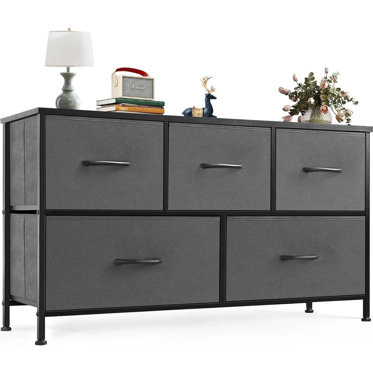 Sweetcrispy Kommode,Sideboard Wohnzimmer für Schlafzimmer mit 5 Stoffschubladen,Einstellbare Füße Schubladenschrank,Komodenschrank für Schlafzimmer,Modernes Grau – Bild 1