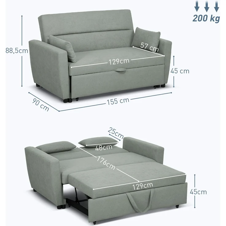 Schlafsofa 2 in 1 Gästebett 155x90 cm Rollen verstellbare Rückenlehne Stoff Sofa Bett Tagesbett Lounge Hellgrau – Bild 8