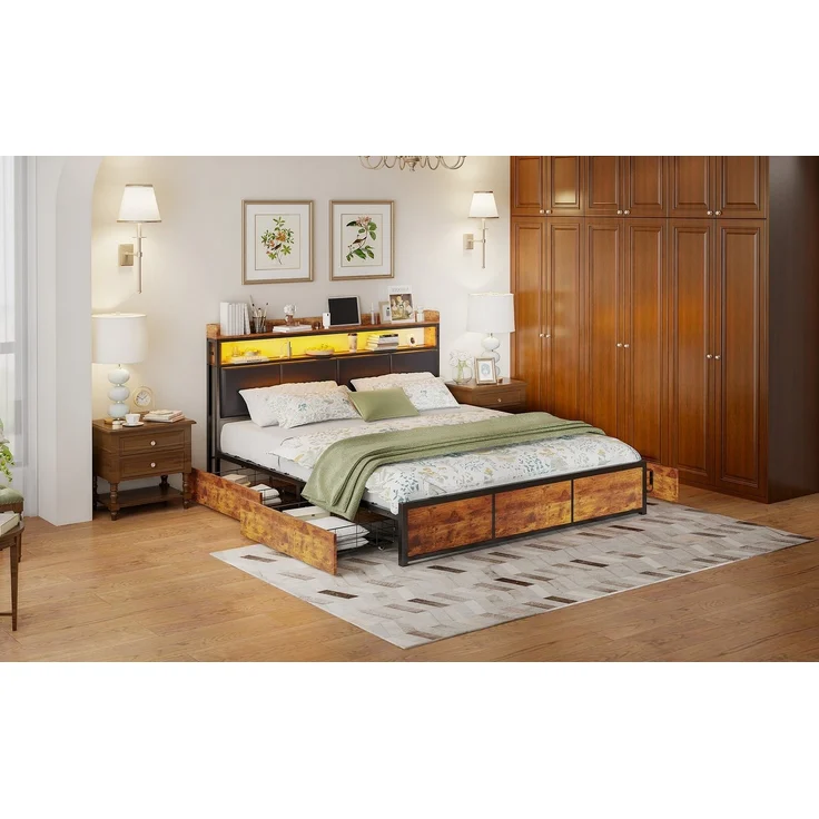 FUROKOY Polsterbett Doppelbett,Bettgestell (Holzbett mit Metall, 1-tlg, mit 4 Schubladen und Stauraumfunktion), 160x200cm – Bild 1