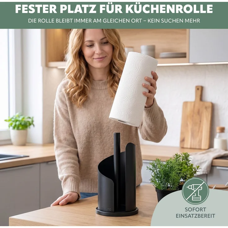 eluno Küchenrollenhalter bis 28 cm oder 3 Toilettenpapierrollen aus Edelstahl und Metall, schwarz, ca. Ø 15,5 x 31 cm – Bild 4