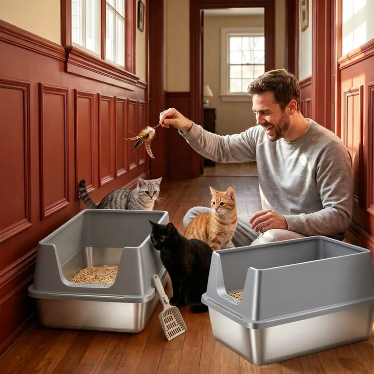 Halupeit Geschlossene Edelstahl-Katzentoilette in XXL-Größe, geräumiger Innenraum, hohe Wände verhindern das Verschütten von Streu, inklusive Schaufel, Dunkelgrau, 61.3 x 40.8 x 29.8 cm – Bild 5