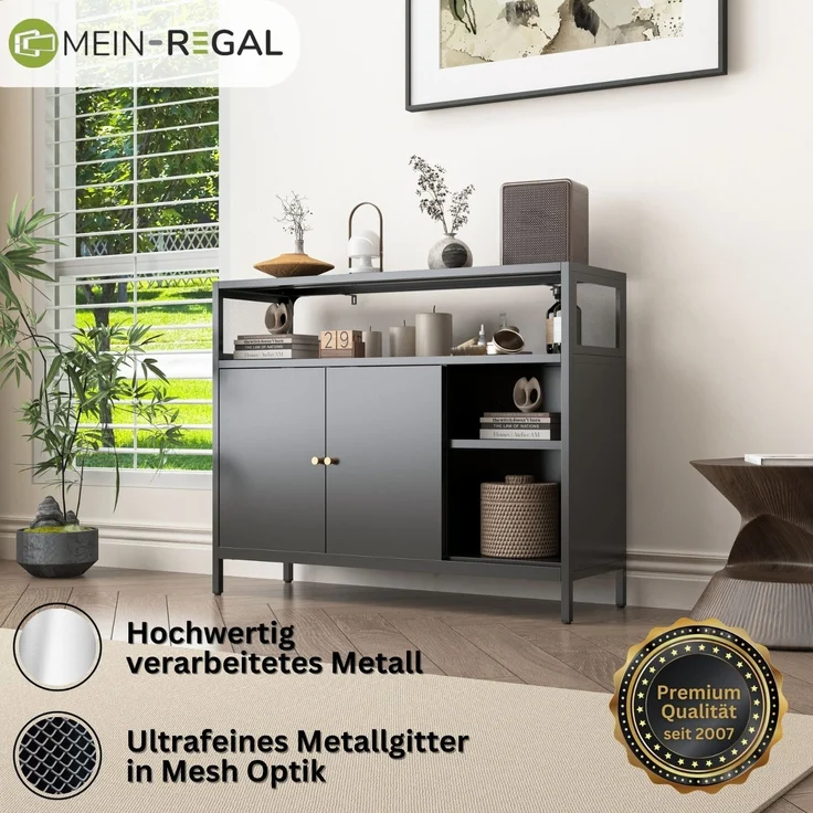 Mein-Regal Sideboard Mesh aus Metall mit Ablage und 2 Schiebetüren Schwarz – Bild 3