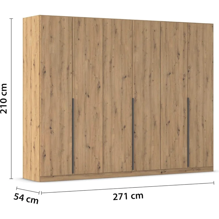 Rauch Möbel Alabama, Kleiderschrank, Garderobenschrank, 6-türig, Zubehör Basic, 3 Kleiderstangen, 3 Einlegeböden, Farbe Eiche Artisan, Holz, Griff Grau metallic, 271 x 210 x 54 cm – Bild 3