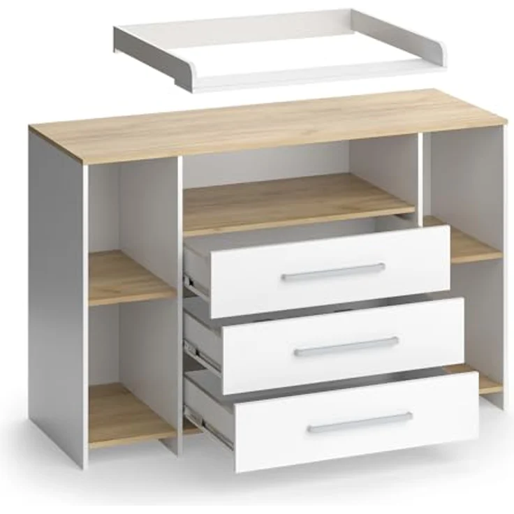 Vichy Wickelkommode Oskar, Weiss/Goldkraft Eiche, mit Wickelaufsatz und 3 Schubladen, 143.2 x 93 cm – Bild 5