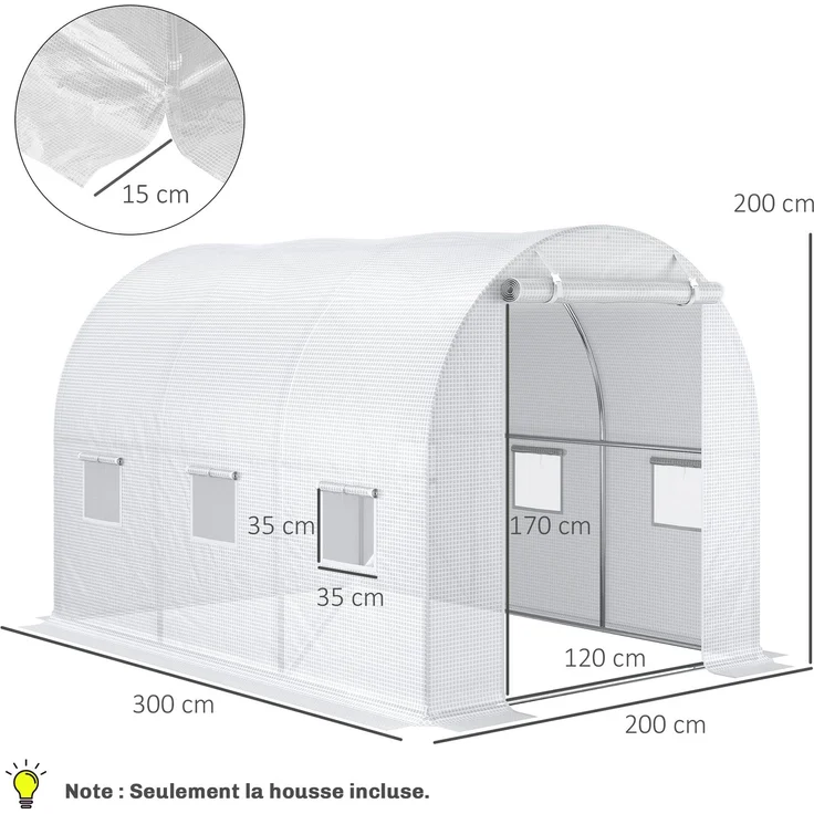 Wohnora-Ersatzabdeckung für 6 m² Tunnelgewächshaus, wasserdichte PE-Abdeckung mit UV-Schutz, 6 Fenster + aufrollbare Reißverschlusstür, weiß,H 2000cm x T 850cm x B 2000cm – Bild 5