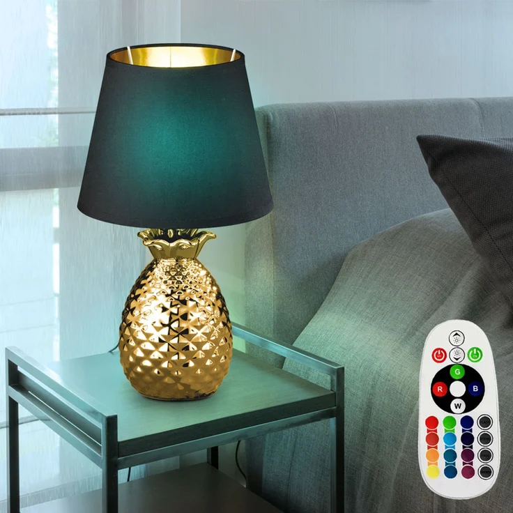 RGB LED Keramik Tischleuchte, Textil schwarz gold, H 35 cm – Bild 2