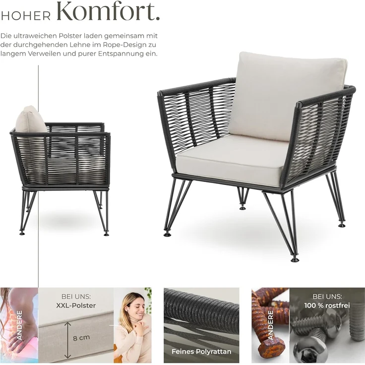 tectake Essgruppe Garten-Loungesessel, (Set, 2-tlg), rundes Polyrattan im Rope-Design – Bild 4