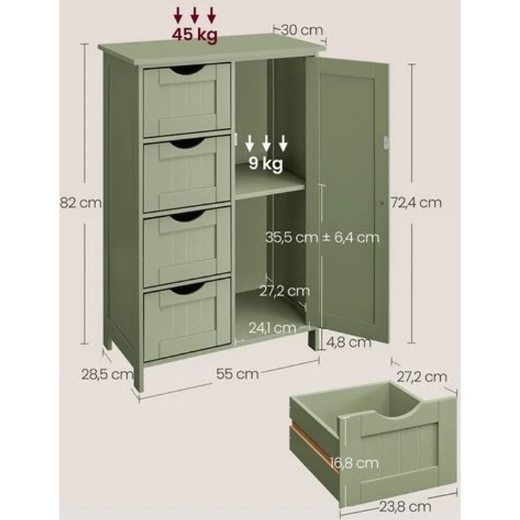 Vasagle Badezimmerschrank mit 4 Schubladen und verstellbarer Ablage, MDF, waldgrün, 82 x 30 x 55 cm – Bild 5