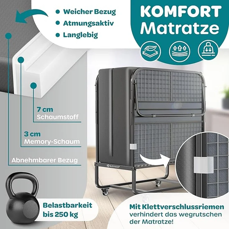 KESSER® Klappbett 200x90cm Gästebett inkl. Matratze aus Memory-Schaum & Rollen | faltbares Reisebett mit Metallrahmen für Erwachsene belastbar bis 250kg | Metallbett mit Schaumstoffmatratze & Cover Anthrazit, Deluxe Plus – Bild 4