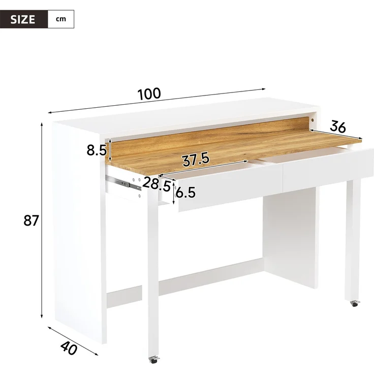 Schreibtisch ausziehbar mit 2 Schubladen, Rollenbremse und Schutzkante, Eiche-Optik/Weiß,87x100x40 cm – Bild 4