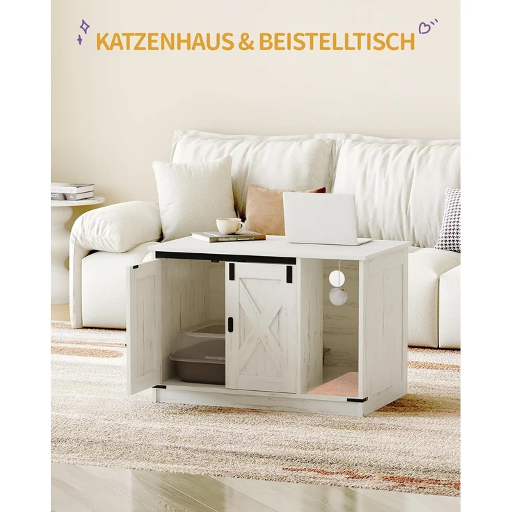 Katzenschrank, Katzentoilette, Katzenklo Schrank, Versteckte Katzentoilette Kabinett Möbel mit Katzenglocke, Indoor-Katzenhaus, 80 x 50 x 53 cm, für Flur, Schlafzimmer, Weiß – Bild 6