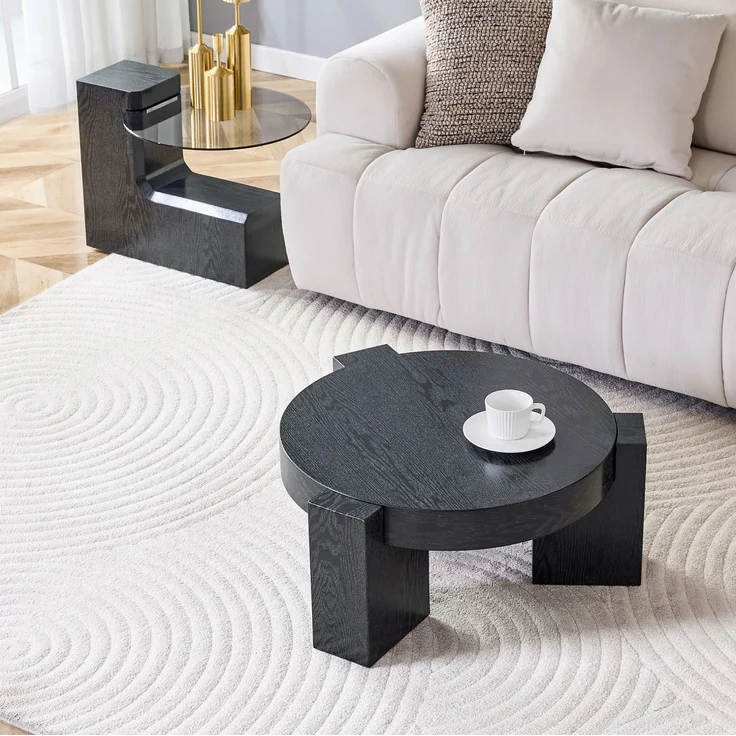 DESVIAE Couchtisch-Set 2-tlg. mit Sicherheitsglas, Ø61x30 cm, MDF in Schwarz Holzoptik – Bild 3