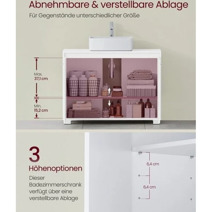 VASAGLE Waschbeckenunterschrank, Badezimmerschrank, 2 Fächer hinter den Türen, für Waschbecken ohne Säule, Badezimmer-Unterschrank mit Füßen – Bild 4