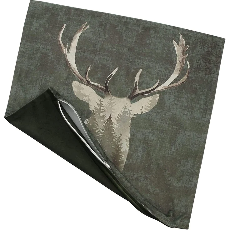 Kissenhülle "Waldhirsch", 45x45 cm, grün in Samt Optik, Kissenbezug mit Hirsch Motiv, Zierkissenbezug – Bild 3