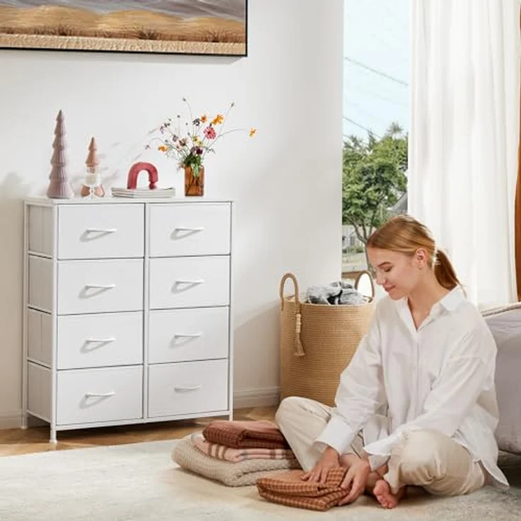 Sweetcrispy Kommode für Schlafzimmer, breite Schublade Kommode, 8 Stoffschubladen mit Griffen, Schrank, TV Stand für Schlafzimmer, Schrank, Wohnzimmer, Kinderzimmer – Bild 3