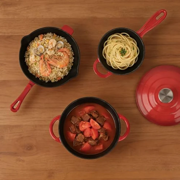 Casativo Gusseisen Topf-Set, 3-teilig, rot, geeignet für alle Herdarten und Backofen, perfekte Wärmeverteilung – Bild 7