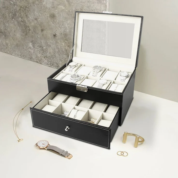 Todeco - Uhrbox, Uhr und Armband Aufbewahrung - Material der Box: MDF - Kissenmaterial: Samt - 20 Uhren mit Schublade und Display, Schwarz/Beige – Bild 2