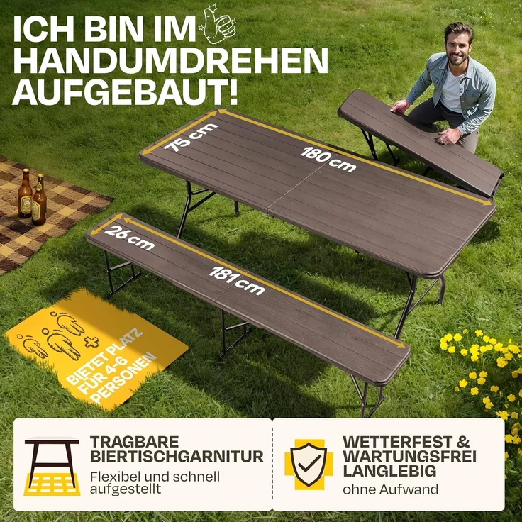 Ondis24 Biertischgarnitur Lisa Campingtisch 2X Bierbank 1x Biertisch Sitzbank klappbar Bierzeltgarnitur 3tlg. einfach transportabel (Braun, XL) – Bild 2