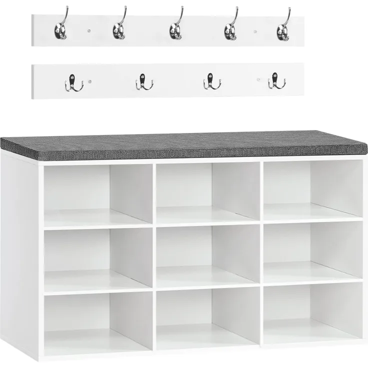 HOOBRO Garderobe Schuhregal Set, Schuhbank mit 9 F Cher, Schuhregal mit gepolsterter Sitzbank, Wandgarderobe mit 9 Haken, Schuhschrank f r Flur, Eingangsbereich, Schlafzimmer wei EWT89HX01