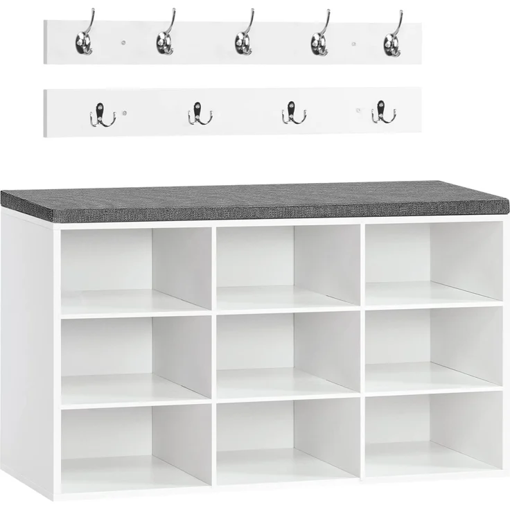 HOOBRO Garderobe Schuhregal Set, Schuhbank mit 9 F Cher, Schuhregal mit gepolsterter Sitzbank, Wandgarderobe mit 9 Haken, Schuhschrank f r Flur, Eingangsbereich, Schlafzimmer wei EWT89HX01