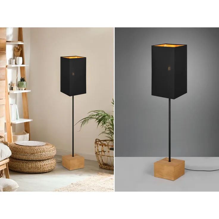 Stehleuchte WOODY Holzfuß Stoffschirm Schwarz/Gold, Höhe 150cm