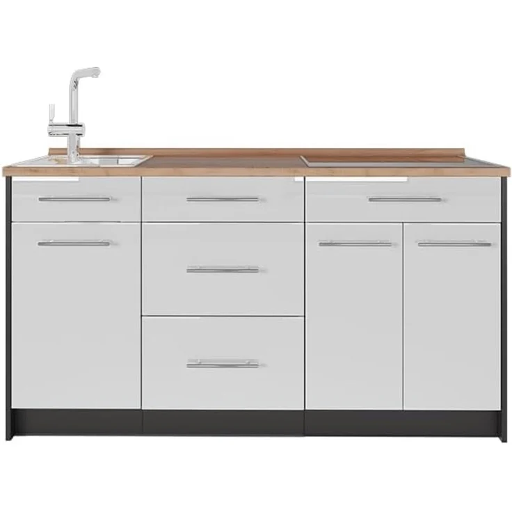 Küchenblock Fame-Line Weiß Hochglanz 150 cm, AP Eiche Vicco – Bild 1