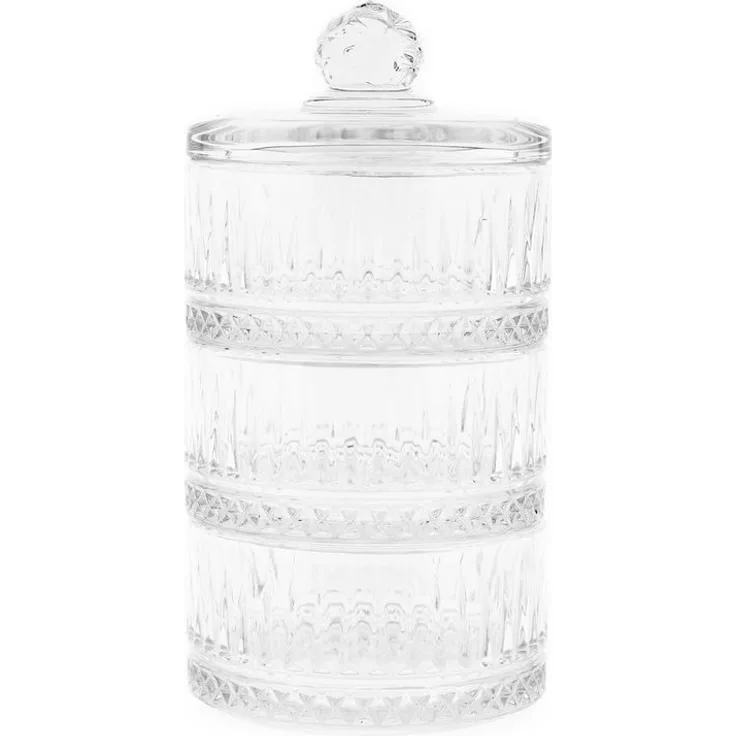Almina 3-stöckige Glasschale mit Deckel Transparent Riffle Design