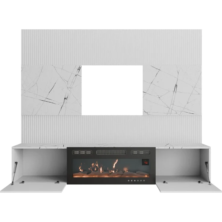 Wohnwand Deromi III mit Kamin (Farbe: Weiß + Weiß Marmor) – Bild 5