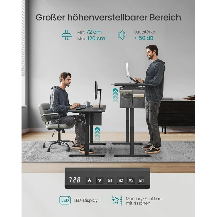 Songmics Höhenverstellbarer Schreibtisch elektrisch, 60x110 x (72-120) cm, Verstellbarer Tisch, Memory-Funktion für 4 Höhen, für Homeoffice, Arbeitszimmer, tintenschwarz – Bild 4