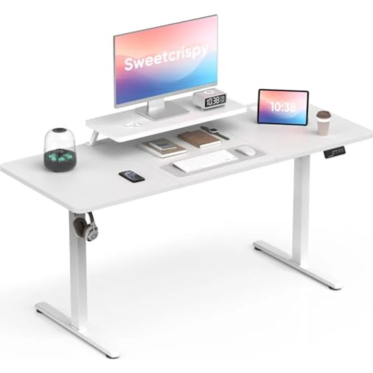 Sweetcrispy Höhenverstellbarer Schreibtisch mit Monitorständer, 160x60 cm Schreibtisch Höhenverstellbar Elektrisch, Ergonomischer Steh-Sitz Tisch, Computertisch Standing Desk, Weiß – Bild 2