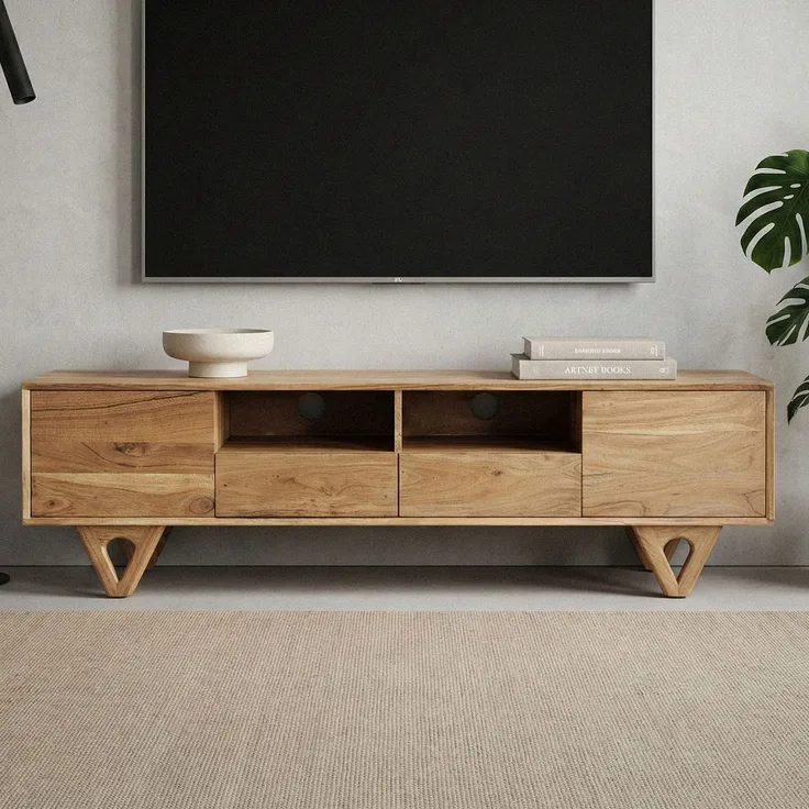 FINEBUY Lowboard FB114300 TV Board Massivholz 160cm Fernsehunterschrank Fernsehkommode (Natürliche Holzstruktur mit warmer Ausstrahlung), Clevere Aufteilung für Technik und Zubehör