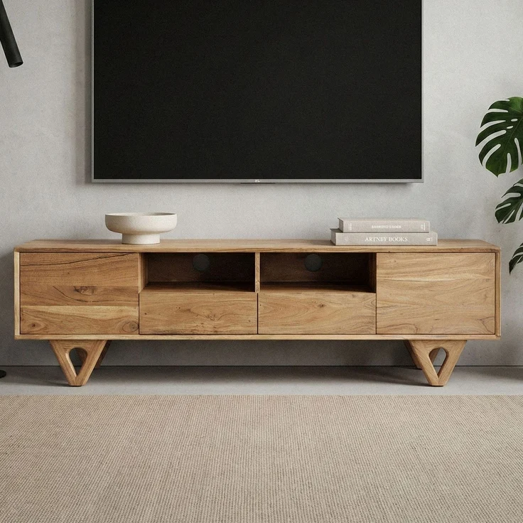 FINEBUY Lowboard FB114300 TV Board Massivholz 160cm Fernsehunterschrank Fernsehkommode (Natürliche Holzstruktur mit warmer Ausstrahlung), Clevere Aufteilung für Technik und Zubehör – Bild 1