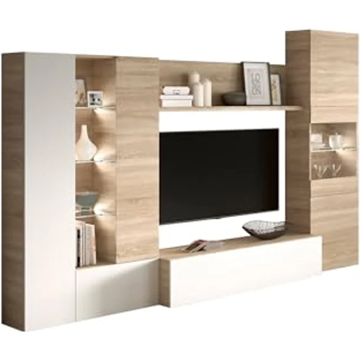 Dmora - Wohnzimmermöbel Raleigh, modulares TV-Ständer-Wohnzimmerelement, Wohnzimmerkomposition mit Wandelementen und Vitrinen und LED-Licht, 260 x 42 x 185 cm, Eiche und Weiß – Bild 7