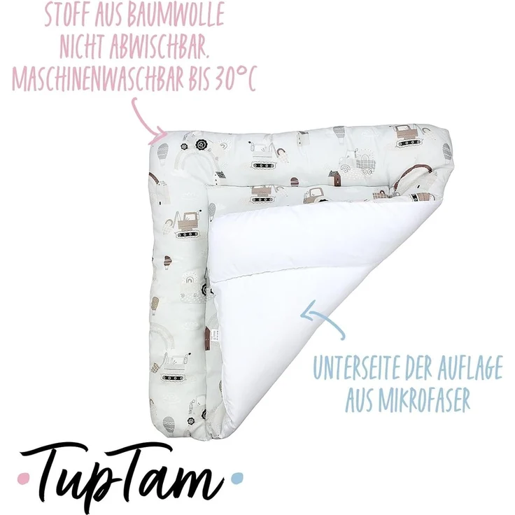 TupTam Baby Wickeltischauflage mit Baumwollbezug Gemustert, Farbe: Traktoren/Regenbögen/Beige, Größe: 70x70 cm – Bild 3